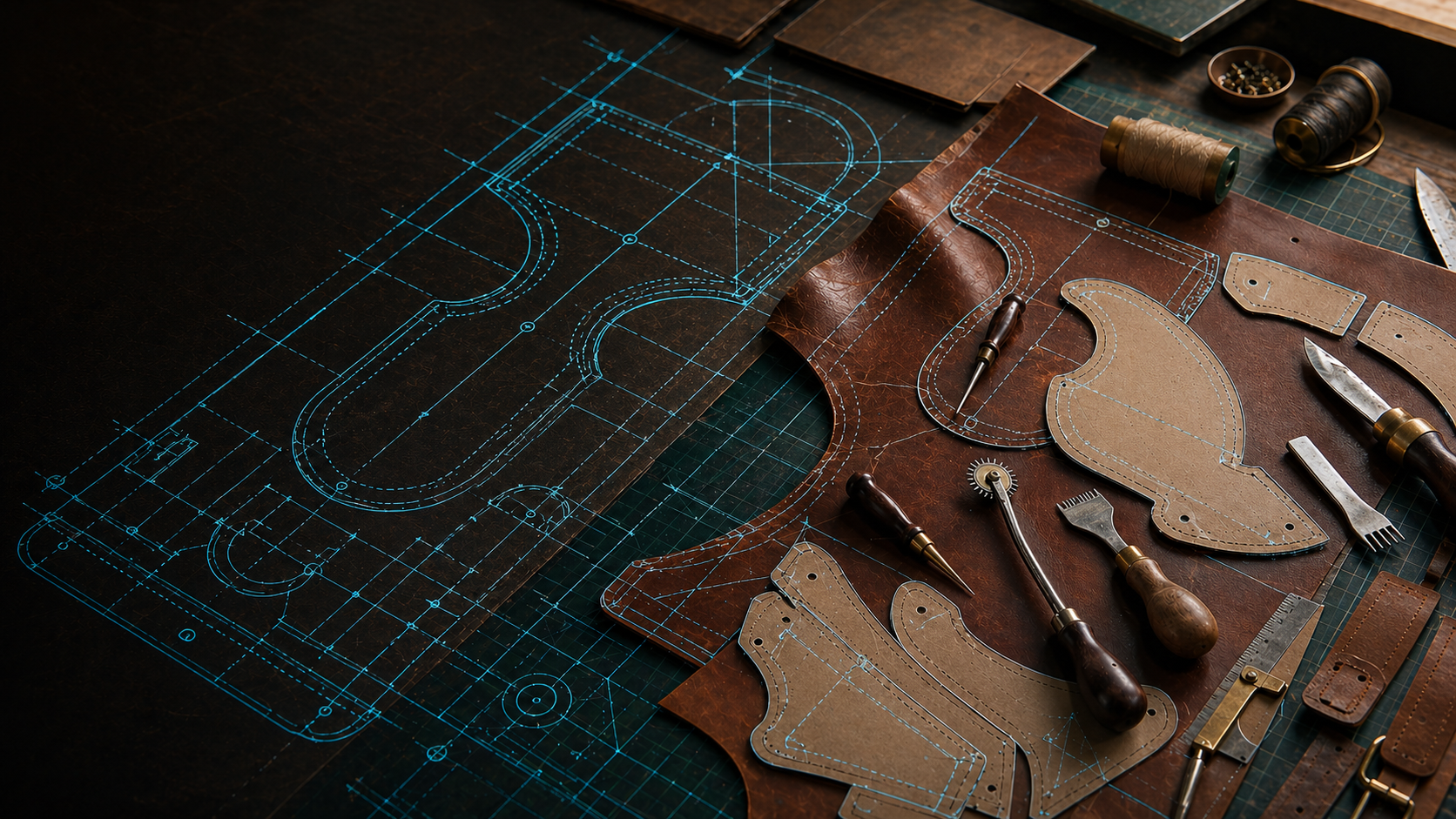 Artisan workbench with leather patterns and digital overlay